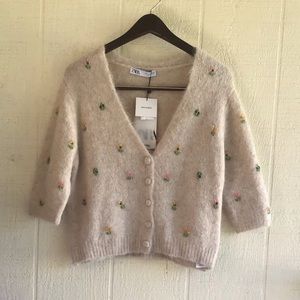 Zara embroidered floral beaded jeweled alpaca cardigan